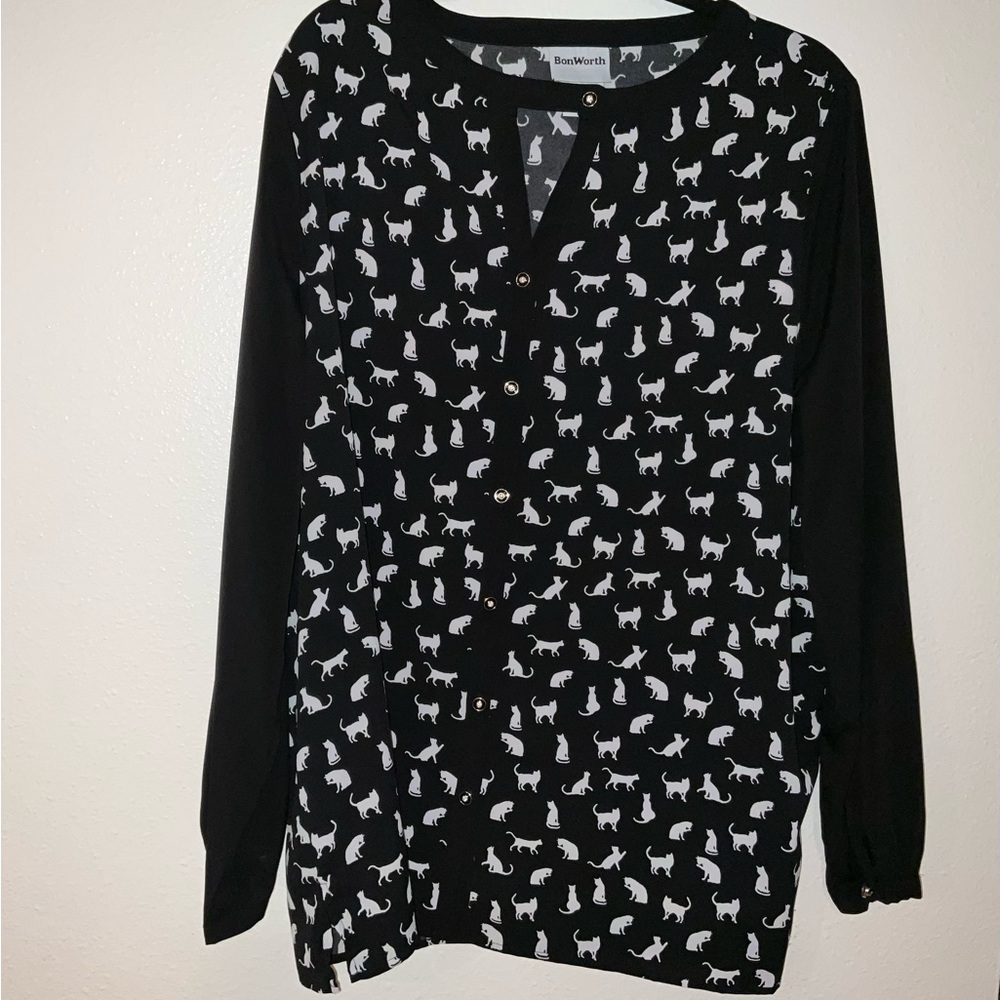 BonWorth Black and White Cat Print Blouse